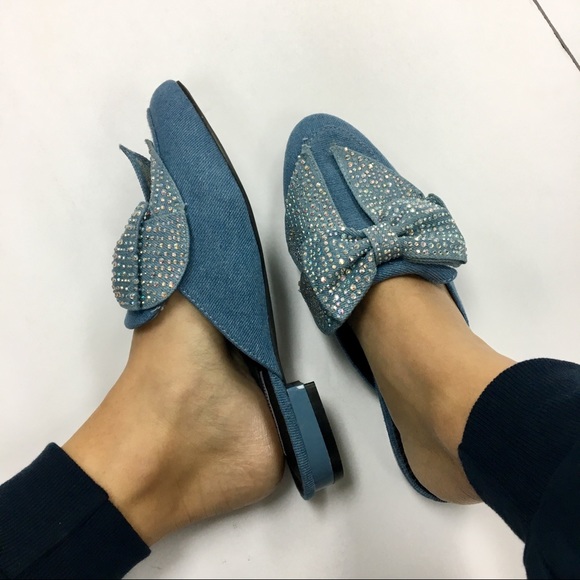 Denim rhinestone bow mule - Picture 2 of 8